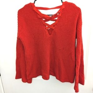 Poof New York Apparel Orange v-neck knit Sweater Ladies Medium Criss Cross back